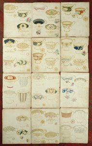Projekty filiżanek do herbaty wyprodukowanych w fabryce Daniela, Staffordshire, ok. 1845 (gwasz, toaleta i tusz na papierze) autorstwa English School