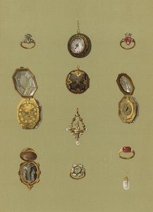 Pierścionek z brylantem, złoty zegarek, kamea z krwawnikiem, złoty zegarek, klejnotami pasjans, opalowy pierścionek żałobny Mary Queen of Scots, złoty pierścionek księżniczki Elżbiety, złoty zegarek w kształcie ośmiokąta, złoty pierścionek, perłowy kolczyk autorstwa English School