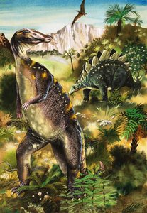 Dinozaury, ilustracja z książki "When Monsters Ruled the Earth" (gwasz na papierze) autorstwa English School