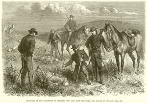 Odkrycie szkieletów żołnierzy, którzy zostali zaskoczeni i zabici przez Indian (czerwiec 1867) autorstwa English School