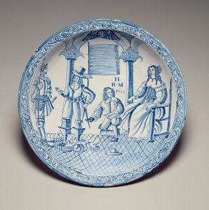 Naczynie z siedzącą królową Katarzyną z butem założonym przez klęczącego kawalera, 1677 (ceramika glazurowana cyną) autorstwa English School