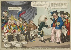 Doctor Boney_przynosząc moce do Pot lub John Bull i jego przyjaciele raczej nieśmiały, pub. 1808 (ręczne grawerowanie kolorowe) autorstwa English School