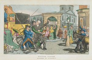 Doctor Syntax okradziony w St. Giless, z The Tour of Doctor Syntax przez Londyn, czy Pleasures and Miseries of the Metropolis. Poemat, opublikowany 1820 (akwatinta) autorstwa English School