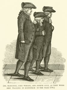 Dr Hamilton, John Wesley i Joseph Cole podczas spaceru w Edynburgu w 1790 roku (rycina) autorstwa English School