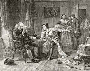 Dr Samuel Johnson czyta rękopis „Wikariusza Wakefielda” z „London Pictures: Drawn with Pen and Pencil” autorstwa wielebnego Richarda Lovetta, opublikowany w 1890 r. (litografia) autorstwa English School