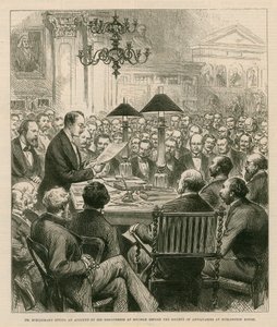 Dr Schiemann opowiada o swoich odkryciach w Mykenach przed Towarzystwem Antykwariatów w Burlington House autorstwa English School