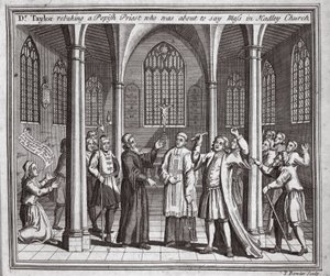 Dr Taylor gani księdza papieża, który miał odprawić mszę w Hadley Church, ilustracja z Foxes Martyrs c.1703 autorstwa English School