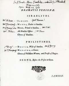Dramatis Personae for Samson, oratorium Haendla, wydane w 1759 r. autorstwa English School