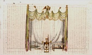 Zasłona okienna do salonu i stół roboczy, tablica 104 z Repozytorium Sztuki Ackermanna, wydana w latach 1809-28 (kolor lito) autorstwa English School