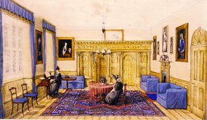 Salonowe wnętrze wiejskiego domu, ok.1830 (akwarela na papierze) autorstwa English School