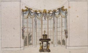 Zasłona okienna i żardiniera do salonu, tablica 101 z Repozytorium Sztuki Ackermanna, wydana w latach 1809-28 (kolor lito) autorstwa English School