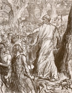 Druidzi podżegający Brytyjczyków do sprzeciwu wobec lądowania Rzymian, ilustracja z Cassells Illustrated History of England (zdjęcie w sepii) autorstwa English School