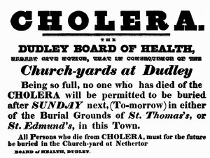 Plakat Dudley Board of Health ogłaszający procedurę pochówku osób, które zmarły na cholerę, ok. 1840 roku
