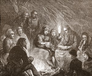 Holenderscy protestanci w ukryciu, ilustracja z Historii protestantyzmu Jamesa Aitkena Wylie (1808-1890), wyd. 1878 autorstwa English School