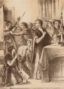 Edmund Genings, "Wyłamał drzwi komnaty, w której świętował" (litografia) autorstwa English School