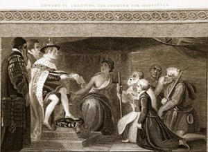 Edward VI przyznający Kartę Szpitali, ilustracja z David Humes The History of England, wyd. R. Bowyer, Londyn, 1812 88: autorstwa English School