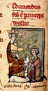 Edward z Caernarvon [Edward II] stworzył księcia Walii i hrabiego Chester przez swojego ojca, króla Edwarda I, w parlamencie Lincoln, ilustracja z „Chronica Roffense”, Matthew Paris, 7 lutego 1301 (wellum) autorstwa English School