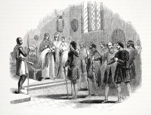 Edward I przedstawiający walijskim wodzom księcia urodzonego wśród nich w zamku Rhuddlan autorstwa English School
