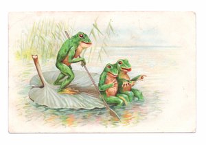 Edwardiańska pocztówka przedstawiająca dwie żaby siedzące na łodzi z liliami wodnymi, podczas gdy trzecia wiosłuje, ok. 1910 r. (kolorowa litografia) autorstwa English School