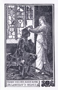Elaine zawiązuje rękaw wokół hełmu Sir Lancelota, ilustracja z „Księgi romansów” opublikowanej przez Longmans Green and Co autorstwa English School