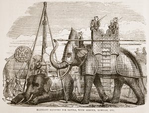 Słoń wyposażony do walki, w zbroi, howdah itp., ilustracja z Cassells Illustrated History of India autorstwa Jamesa Granta, wyd. 1879 autorstwa English School