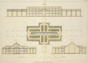 Elewacje i plan przyziemia szklarni, z Wskazówek na temat tworzenia ogrodów i terenów dla przyjemności Johna Claudiusa Loudona (1783-1843) opublikowanej w 1812 r. autorstwa English School