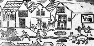 Elżbietańska scena uliczna z Księgi Roxburghe Ballads autorstwa English School