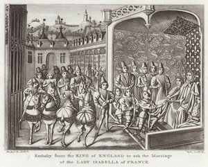 Ambasada króla Anglii z prośbą o ślub Lady Isabella of France autorstwa English School