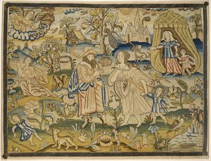 Obraz haftowany: Abrahamowe zwolnienie Hagar, poł. XVII w. (nici jedwabne na płótnie) autorstwa English School