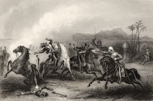 Spotkanie porucznika Hillsa z oddziałem kawalerii Sepoy, z "Historii buntu indyjskiego", opublikowanej w 1858 r. autorstwa English School