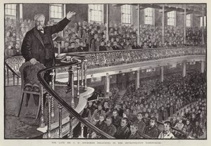 Angielski kaznodzieja baptystyczny Charles Haddon Spurgeon wygłasza kazanie w Metropolitan Tabernacle w Londynie (lito) autorstwa English School