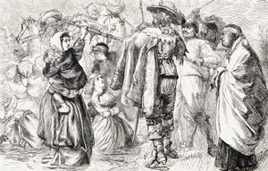 Angielscy protestanci topieni przez irlandzkich katolików podczas irlandzkiego buntu w 1641 r., ok. 1865 r. (drewno) autorstwa English School