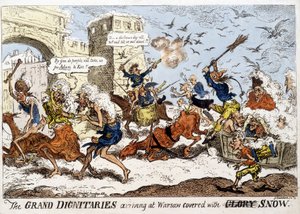 Angielska kreskówka o przybyciu armii napoleońskiej do Warszawy pod śniegiem po odwrocie Rosjan w grudniu 1812 roku. autorstwa English School