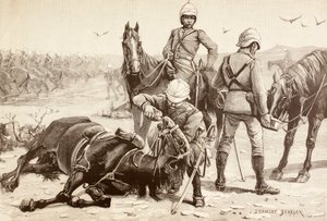 Angielska kawaleria pojąca konie podczas wojny mahdystów, Sudan, lata osiemdziesiąte XIX wieku (litho) autorstwa English School