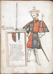 Angielski król w zbroi i tabardzie (Ryszard II), prezentujący tablicę z wierszami. autorstwa English School