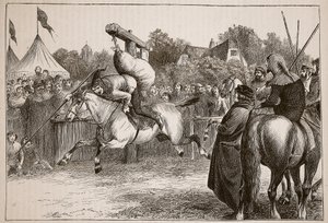 Angielskie wesołe miasteczko w XIV wieku: Przechylając się w Quintain, ilustracja z Cassells Illustrated History of England (zdjęcie w sepii) autorstwa English School