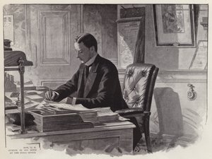 Angielski polityk George Curzon w pracy w swoim biurze w India Office (lito) autorstwa English School