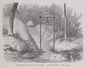 Wejście do chaty fetyszystycznej w Lunda, z Historii ludzkości, tom 1, autorstwa prof. Friedricha Ratzela, 1896 autorstwa English School
