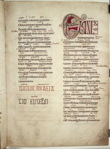 List Euzabiusza do Karpiana, z „Ewangelii z Lindisfarne”, 710-21 (welum) autorstwa English School