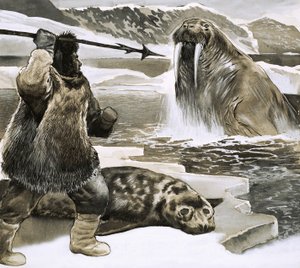 Eskimos atakujący morsa autorstwa English School