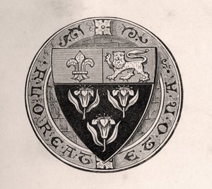Tarcza Eton nałożona na koło z mottem szkolnym, ilustracja z Pamiętników wybitnych Etonian, autorstwa Sir Edwarda Creasy