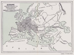Europa na początku IX wieku przedstawiająca imperium Karola Wielkiego (kolorowa litografia) autorstwa English School