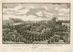 Egzekucja Lorda Ferrersa w Tyburn, 5 maja 1760 r., za zabójstwo swojego stewarda (rycina) autorstwa English School