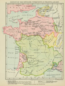 Zasięg angielskich podbojów we Francji, AD 1429 (kolorowa litografia) autorstwa English School