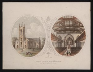 Widoki zewnętrzne i wewnętrzne Christ Church, Harrogate, Yorkshire (kolorowe grawerowanie) autorstwa English School