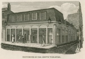Zewnętrzna część Królewskiego Teatru Olimpijskiego, Wych Street, w pobliżu Drury Lane, Londyn autorstwa English School