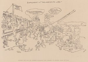 Faksymile strony z humorystycznej gazety ilustrowanej opublikowanej w Ladysmith podczas oblężenia (litografia) autorstwa English School