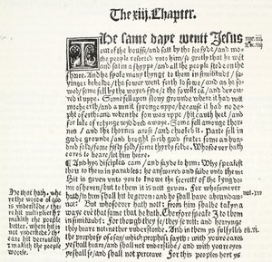 Faksymile Ewangelii św. Mateusza, rozdział XIII, wersety 1-15, z Tyndales Testament, ilustracja z Historii protestantyzmu Jamesa Aitkena Wylie (1808-1890), wyd. 1878 autorstwa English School