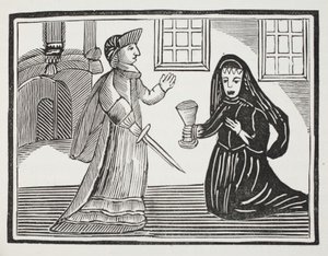 Fair Rosamond otruta przez królową Eleonorę, ilustracja z książki Chap z XVIII wieku autorstwa Johna Ashtona, wyd. 1882 autorstwa English School