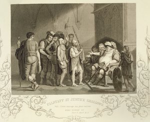 Falstaff w Justice Shallows, w Henryk IV (część 2) Akt III, scena 2, William Shakespeare (1564-1616) autorstwa English School